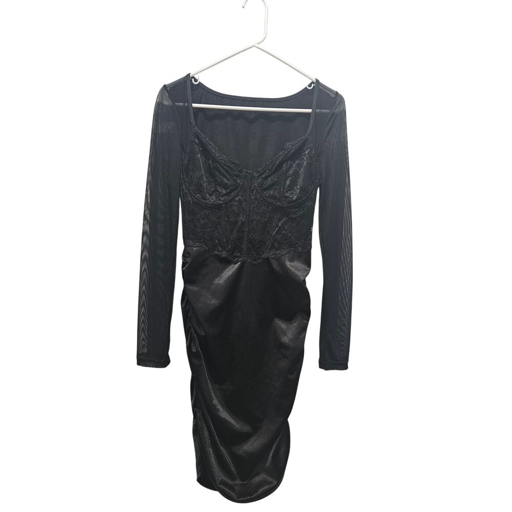 Y2K Goth Glam Coquette Black Mesh Lace Ruched Bodycon Party Mini XS S Dress